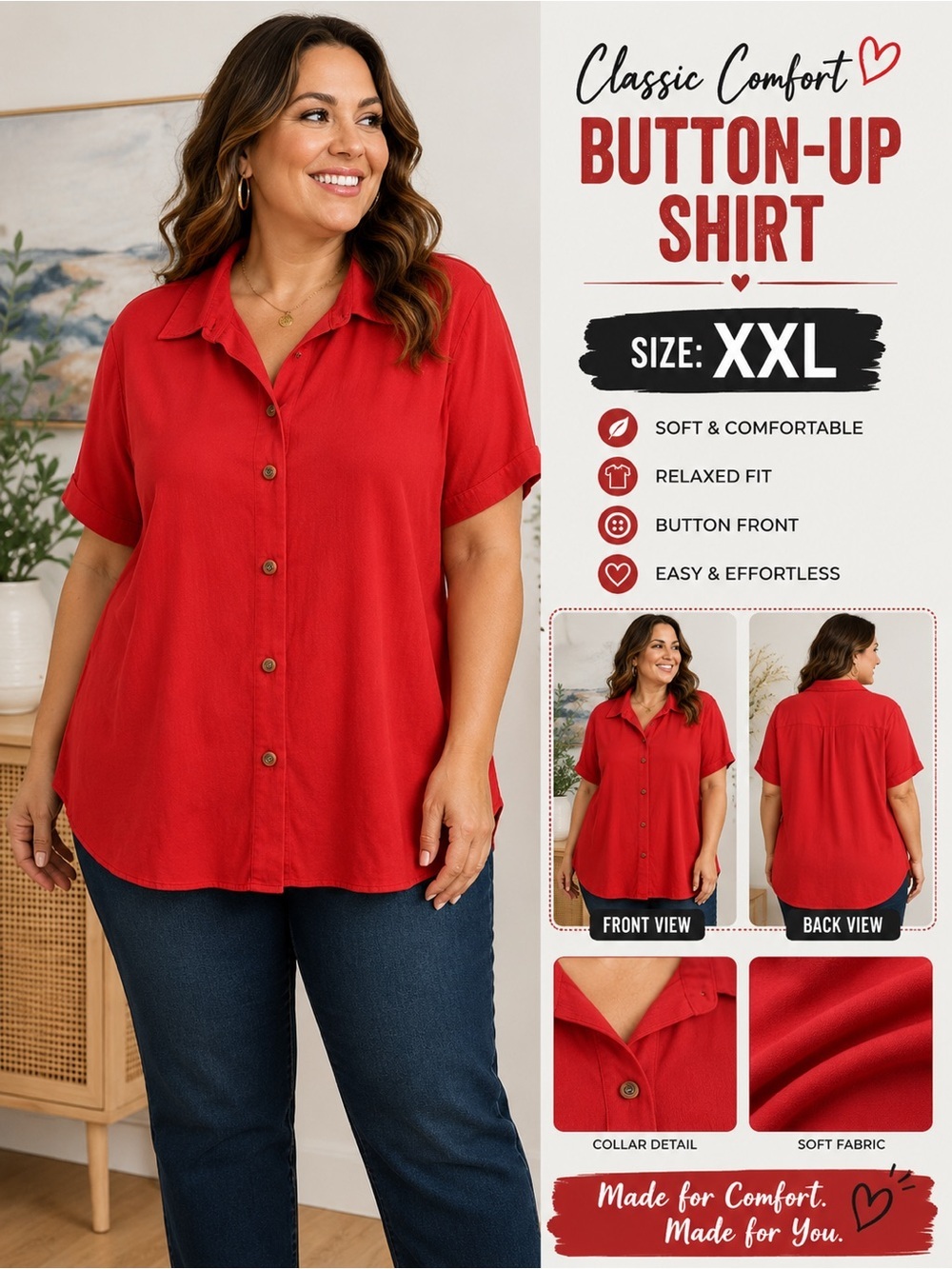 Kathie lee Red Short-Sleeve Button-Up Shirt XXL 24” pit to pit & 24” length